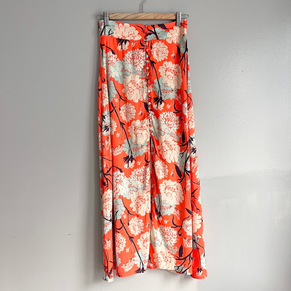 Free People Sammy Button Down Maxi Skirt Orange White Front Slit Size 2